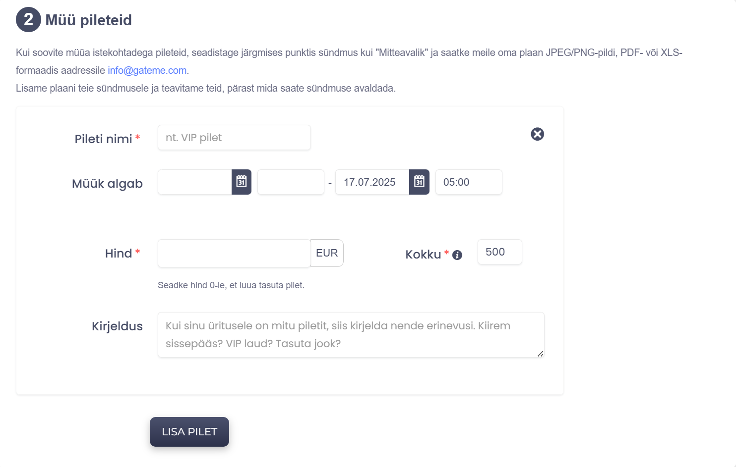 Piletite lisamise samm