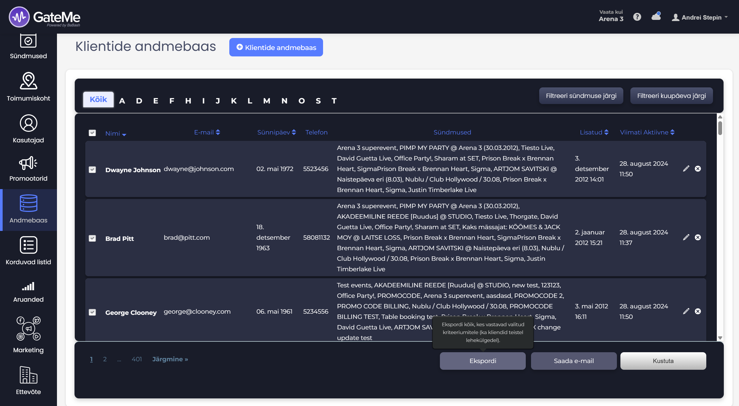külaliste eksportimine